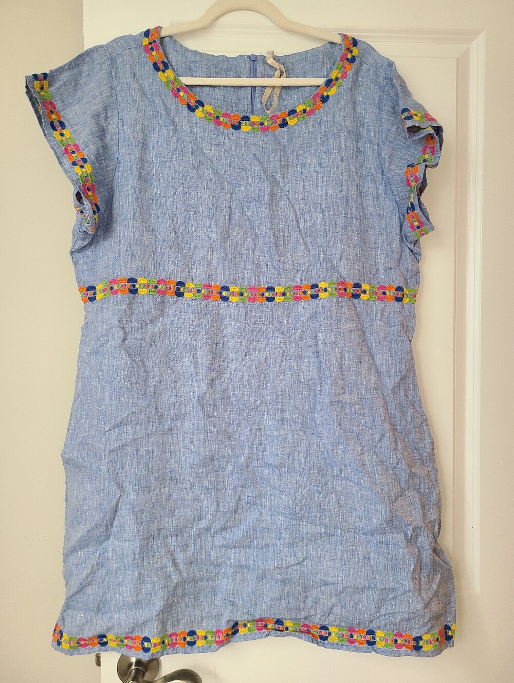 Uncle Frank Blue Linen Dress With Colorful Embroidery